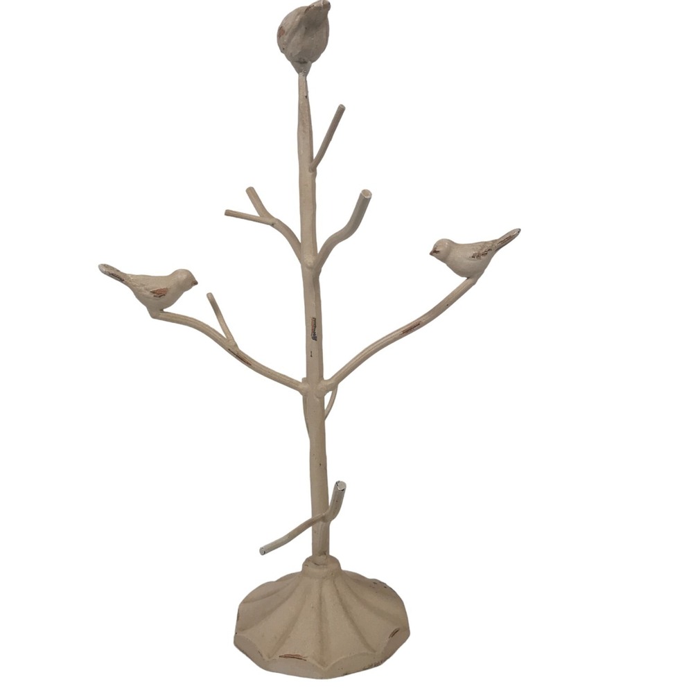 Vintage Metal Bird Jewelry Tree Stand Distressed Cream Farmhouse Decor 12.5in